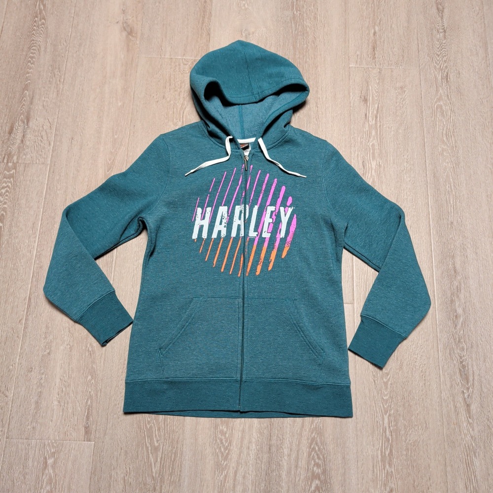 Harley-Davidson Womens‎ Small Teal Blue Zip Up Hoodie Neon Sunset Graphic Soft